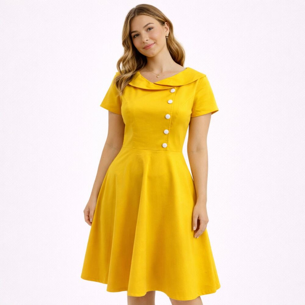 Zapaka Yellow Peter Pan Collar Fit & Flare Short Sleeve Dress S